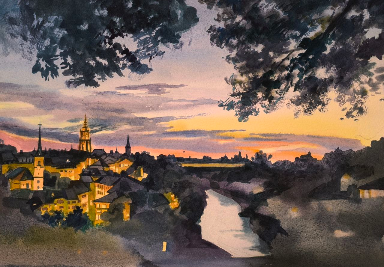 Switzerland in watercolor splashes
